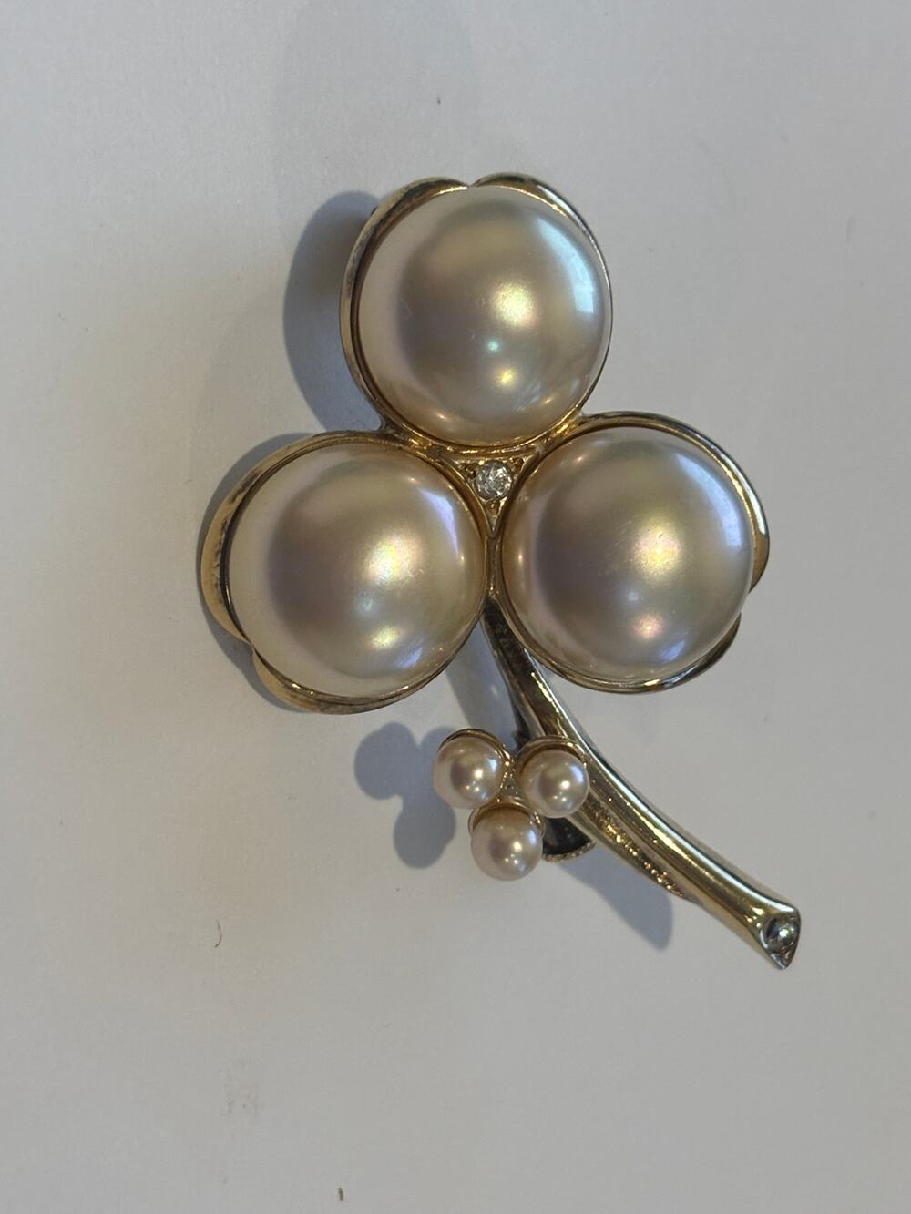 Vintage Sterling Silver Brooch Faux Pearls Gold Tone